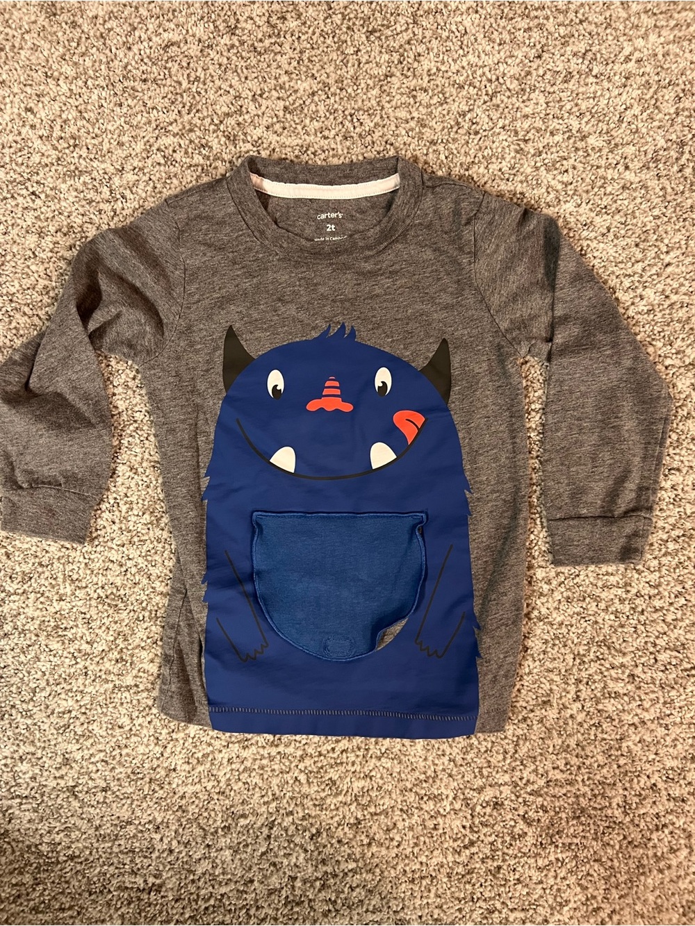 Carter's Gray Long-Sleeve Tee with Blue Monster Pocket and Orange Nose